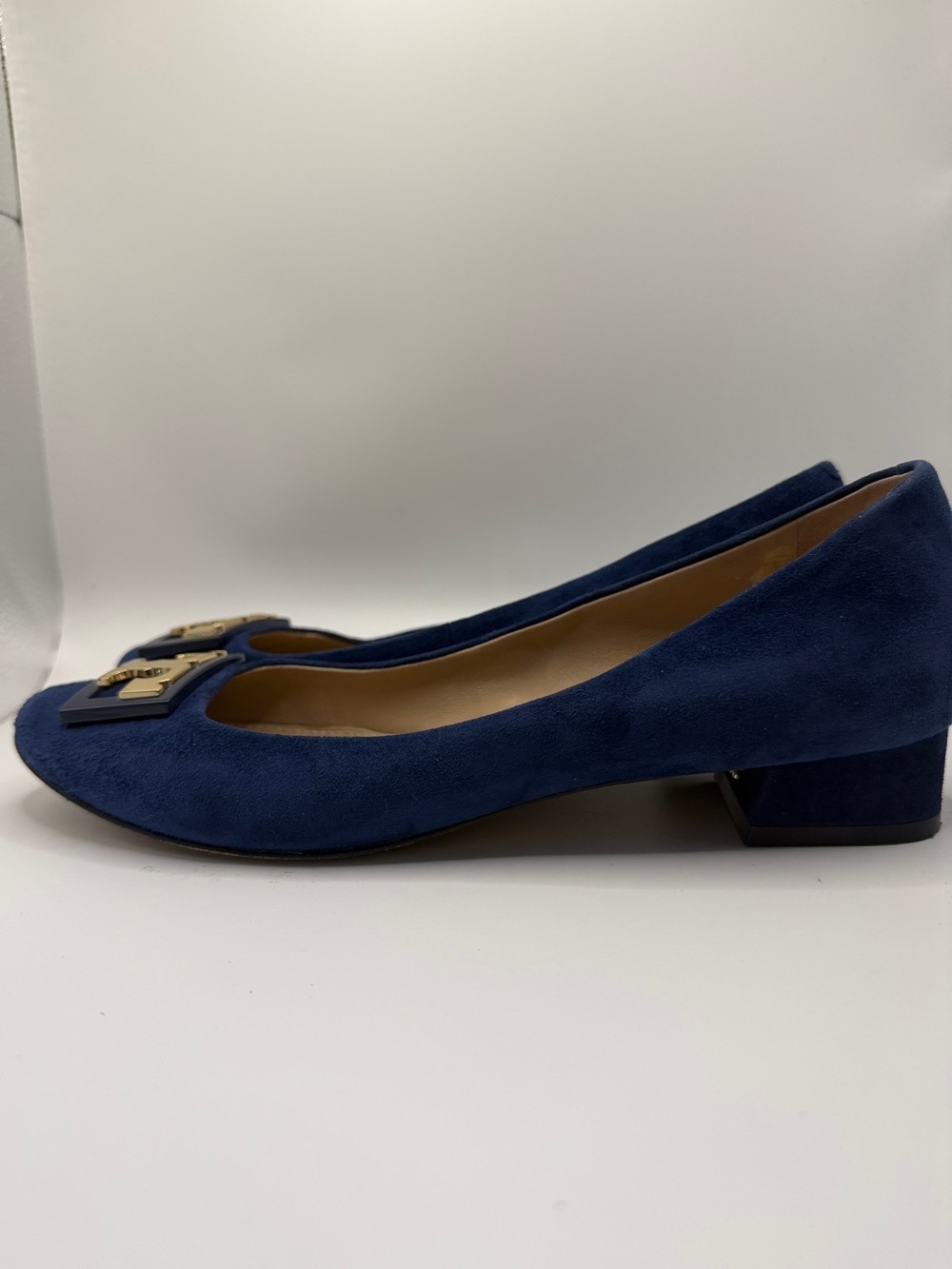 Tory Burch “Gigi” Navy Suede Pumps with Block Heel and Gold T Logo at the Toe - Picture 7 of 10
